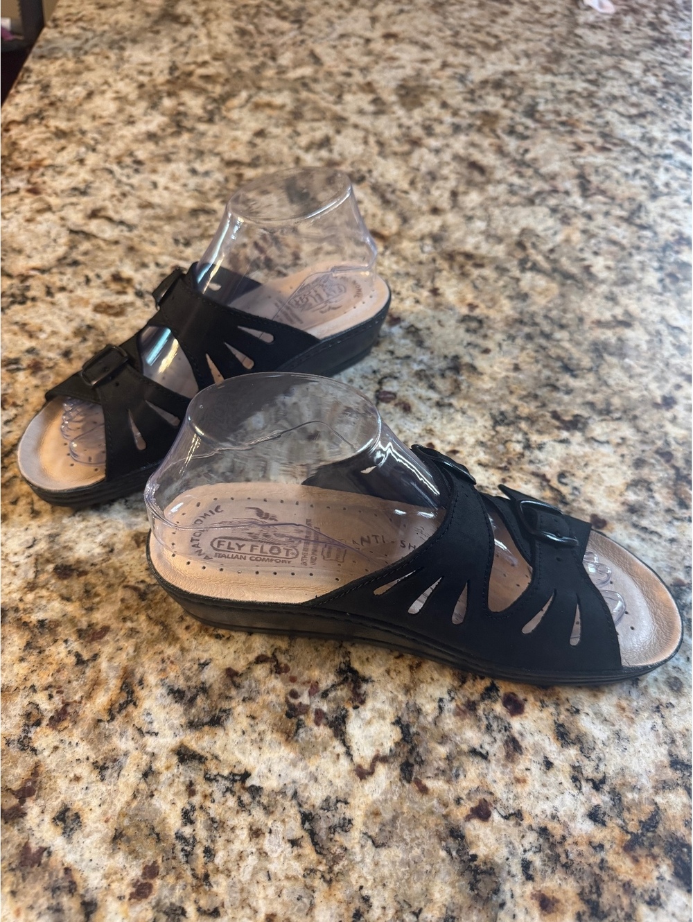 Fly Flot Black Leather Anatomic Comfort Sandals with Buckle Straps - Picture 2 of 4